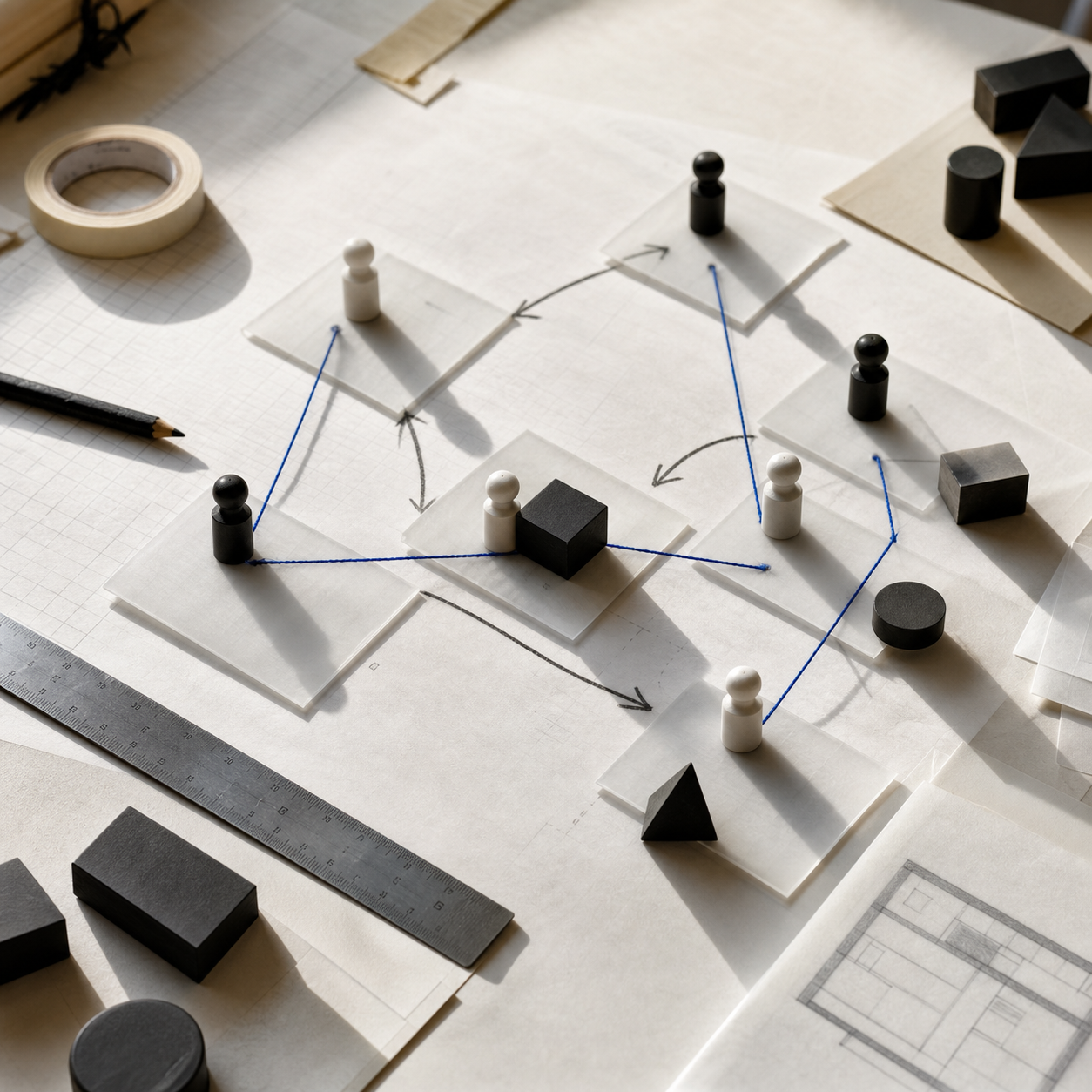 Tactile person pieces and workspace blocks connected by blue paths on a whiteboard